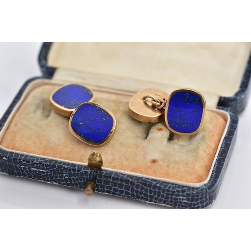 17 - A PAIR OF 9CT GOLD, LAPIS LAZULI CUFFLINKS, each designed with two rub over set lapis lazuli set pan... 