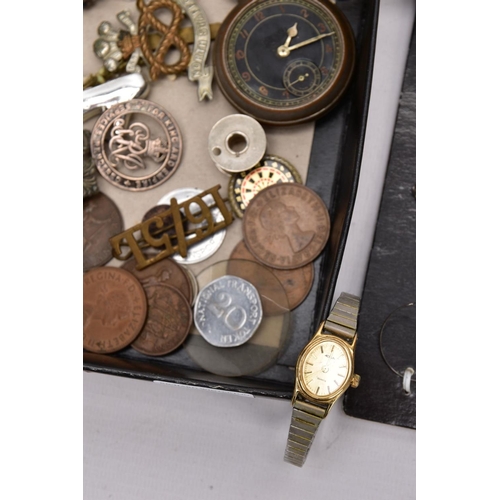 173 - A BOX OF ASSORTED ITEMS, to include a Victorian silver sweetheart brooch of a circular form, floral ... 