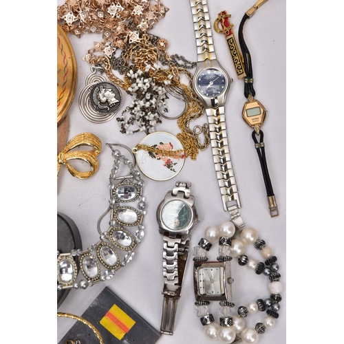 174 - A BOX OF ASSORTED ITEMS, to include costume jewellery such as yellow and white metal necklaces, broo... 