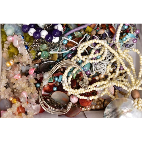 175 - A TRAY OF ASSORTED SEMI-PRECIOUS JEWELLERY, to include a multi stranded red coral branch/polished be... 