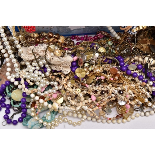 180 - A BOX OF ASSORTED COSTUME JEWELLERY, to include a large quantity of beaded, yellow and white metal n... 