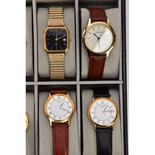 181 - A WATCH DISPLAY CASE OF GENTS WRISTWATCHES, a black and glass panelled watch display case, with twel... 