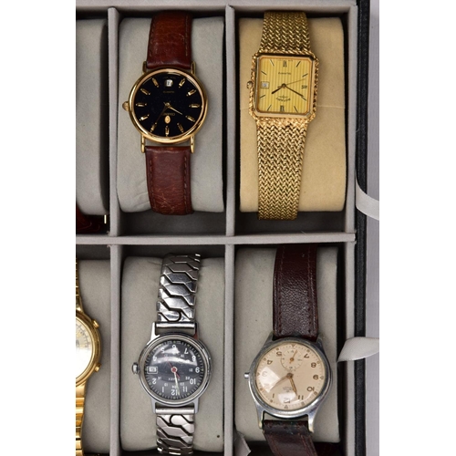 181 - A WATCH DISPLAY CASE OF GENTS WRISTWATCHES, a black and glass panelled watch display case, with twel... 