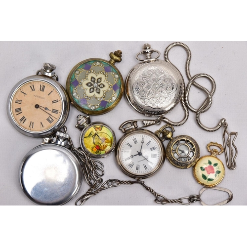 184 - A BAG OF ASSORTED WHITE METAL POCKET WATCHES, to include an open faced 'Ingersoll' (missing glass), ... 