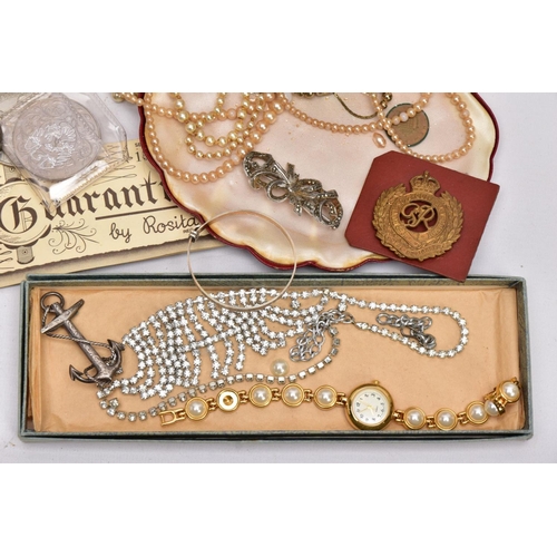 190 - A BOX OF ASSORTED ITEMS, to include a mid-19th Century silver brooch in the form of an anchor and ro... 