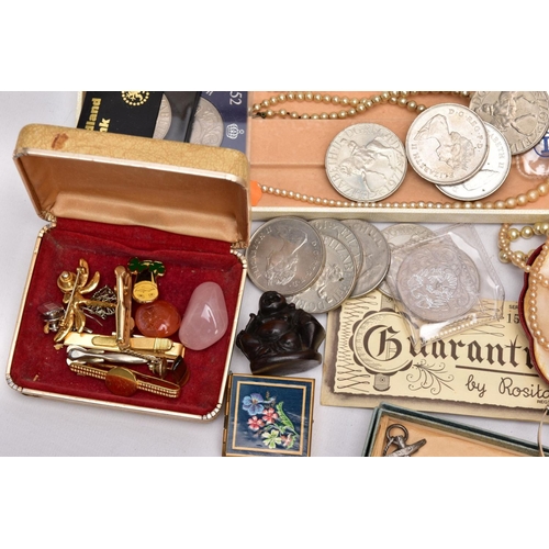 190 - A BOX OF ASSORTED ITEMS, to include a mid-19th Century silver brooch in the form of an anchor and ro... 