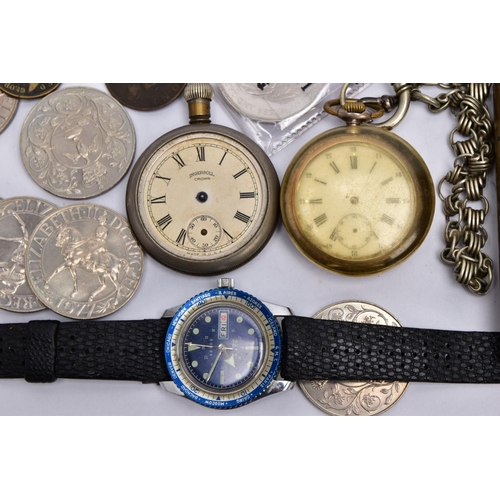 193 - A BOX OF ITEMS, to include an AF white metal open faced pocket watch, white dial, roman numerals, se... 