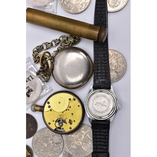 193 - A BOX OF ITEMS, to include an AF white metal open faced pocket watch, white dial, roman numerals, se... 