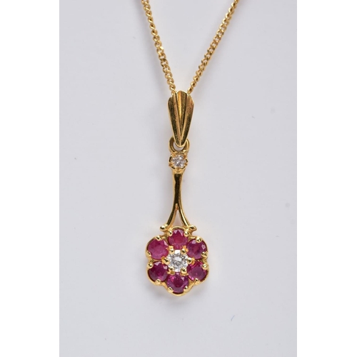 197 - A LATE 20TH CENTRY 18CT GOLD RUBY AND DIAMOND ROUND CLUSTER DROP PENDANT AND CHAIN, pendant measurin... 