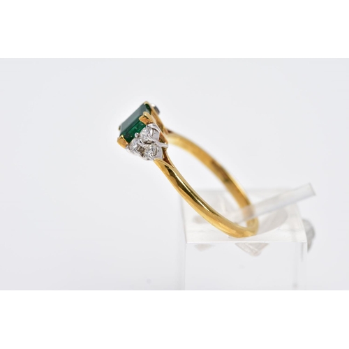 198 - A LATE 20TH CENTURY 18CT GOLD EMERALD AND DIAMOND RING, centring on a square cut emerald measuring a... 