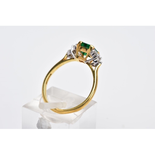 198 - A LATE 20TH CENTURY 18CT GOLD EMERALD AND DIAMOND RING, centring on a square cut emerald measuring a... 