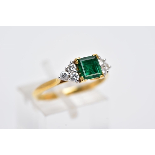 198 - A LATE 20TH CENTURY 18CT GOLD EMERALD AND DIAMOND RING, centring on a square cut emerald measuring a... 