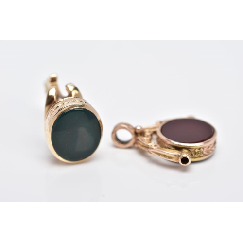 20 - TWO 9CT GOLD SEMI PRECIOUS SET FOBS, the first a swivel fob pendant, set with circular carnelian and... 