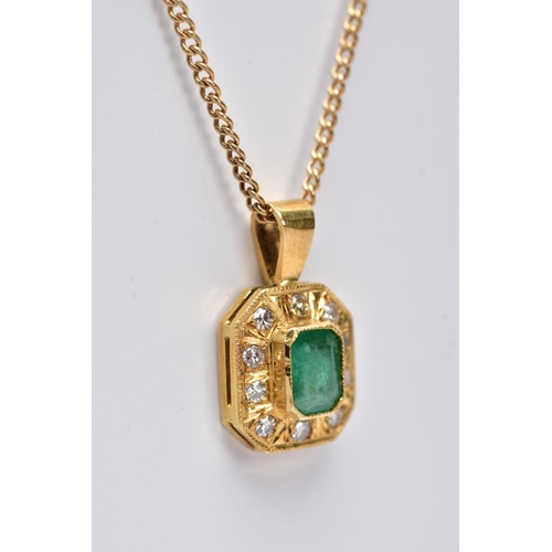 200 - AN EMERALD AND DIAMOND PENDANT AND CHAIN, hexagonal shaped pendant centring on an emerald cut emeral... 