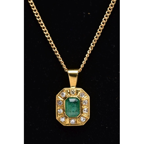 200 - AN EMERALD AND DIAMOND PENDANT AND CHAIN, hexagonal shaped pendant centring on an emerald cut emeral... 