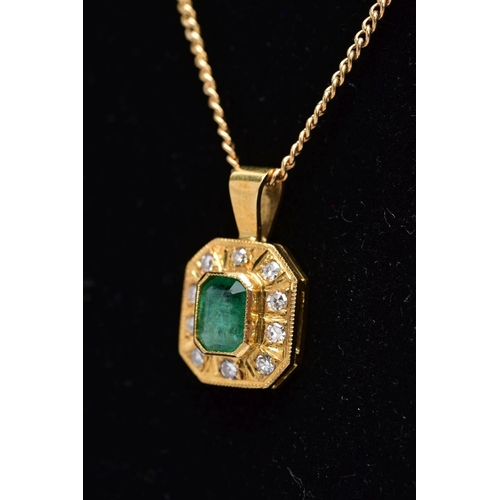 200 - AN EMERALD AND DIAMOND PENDANT AND CHAIN, hexagonal shaped pendant centring on an emerald cut emeral... 