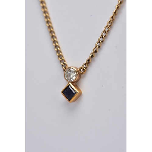 202 - A DIAMOND AND SAPPHIRE TWO STONE NECKLET, a modern round brilliant cut diamond, estimated weight 0.1... 