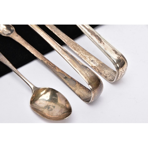 203 - TWO PAIRS OF GEORGE III SUGAR TONGS AND A GEORGE III TEASPOON, the first pair of a plain polished de... 