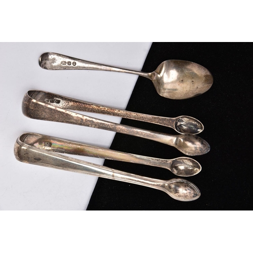 203 - TWO PAIRS OF GEORGE III SUGAR TONGS AND A GEORGE III TEASPOON, the first pair of a plain polished de... 