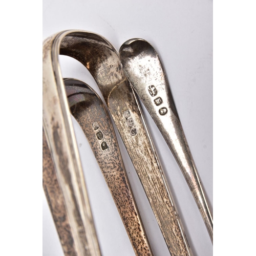 203 - TWO PAIRS OF GEORGE III SUGAR TONGS AND A GEORGE III TEASPOON, the first pair of a plain polished de... 