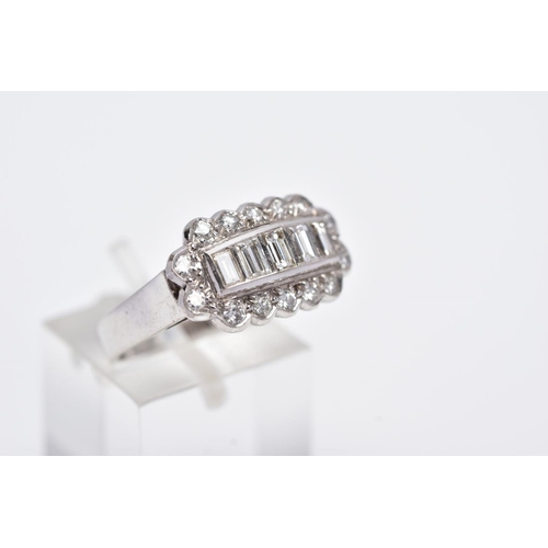 204 - A LATE 20TH CENTURY 18CT WHITE DIAMOND DRESS RING, comprising five trap cut diamonds each measuring ... 