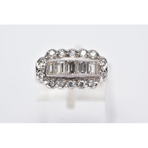 204 - A LATE 20TH CENTURY 18CT WHITE DIAMOND DRESS RING, comprising five trap cut diamonds each measuring ... 