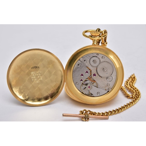 208 - A MODERN GOLD PLATED CRADUS POCKET WATCH AND GOLD PLATED ALBERT CHAIN, mechanical hand wound movemen... 