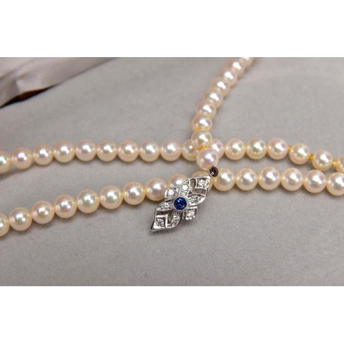 210 - A MODERN SINGLE ROW OF CULTURED PEARLS STRUNG TO AN 18CT WHITE GOLD DIAMOND AND SAPPHIRE CLASP, Akoy... 