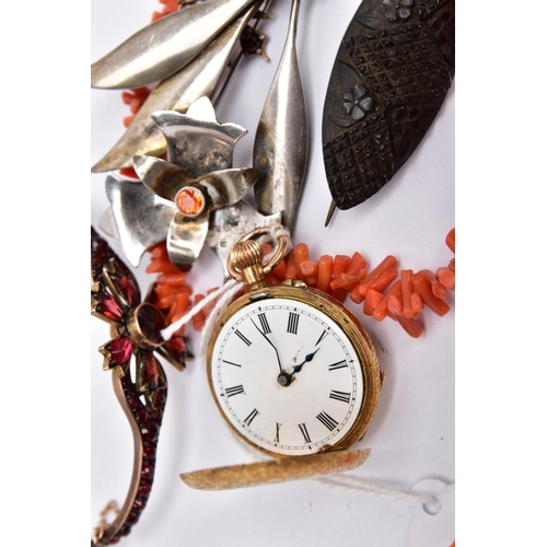 212 - A BAG OF ASSORTED JEWELLERY, to include a ladies half hunter pocket watch, white dial, roman numeral... 