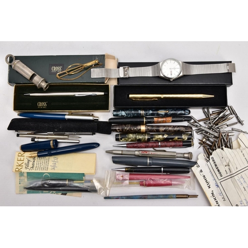 213 - A BOX OF ASSORTED FOUNTAIN AND BALL POINT PENS A 'CITIZEN' WRISTWATCH ETC, to include a boxed 'Cross... 