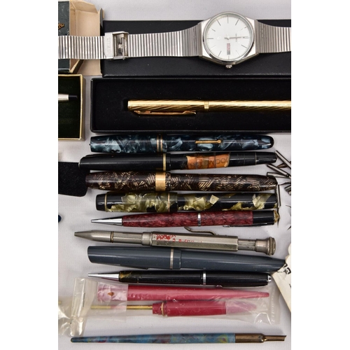 213 - A BOX OF ASSORTED FOUNTAIN AND BALL POINT PENS A 'CITIZEN' WRISTWATCH ETC, to include a boxed 'Cross... 