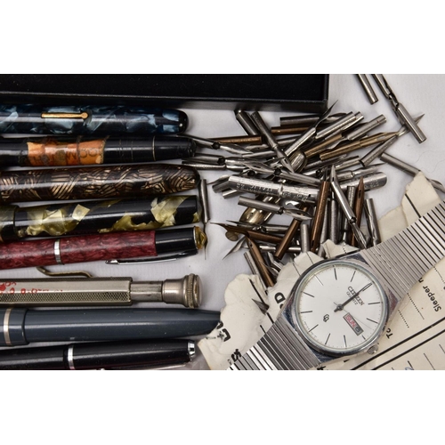 213 - A BOX OF ASSORTED FOUNTAIN AND BALL POINT PENS A 'CITIZEN' WRISTWATCH ETC, to include a boxed 'Cross... 