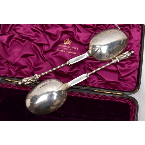 215 - A CASED TWO PIECE LATE VICTORIAN SILVER GILT SPOON SET, brown case opens to reveal a purple velvet a... 