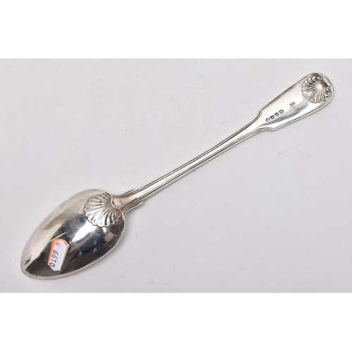 219 - AN EARLY VICTORIAN LARGE SILVER SERVING SPOON, kings pattern design with a reeded rim, engraved mono... 