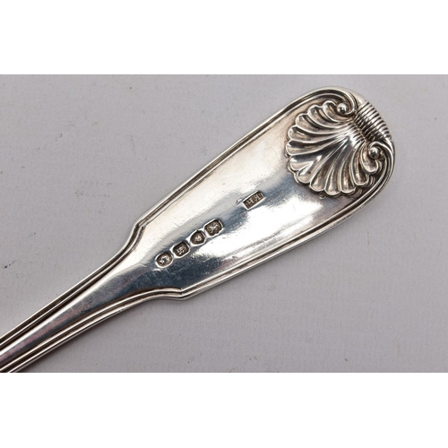 219 - AN EARLY VICTORIAN LARGE SILVER SERVING SPOON, kings pattern design with a reeded rim, engraved mono... 