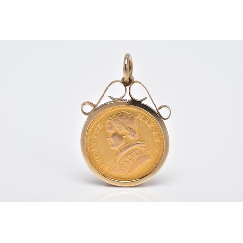 22 - A MOUNTED 2.5 SCUDI COIN PENDANT, dated '1855', to the obverse depicts 'PIVS IX PON MAX AN X', rever... 