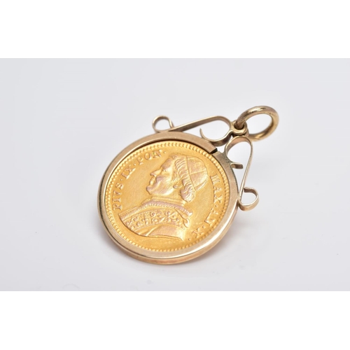 22 - A MOUNTED 2.5 SCUDI COIN PENDANT, dated '1855', to the obverse depicts 'PIVS IX PON MAX AN X', rever... 