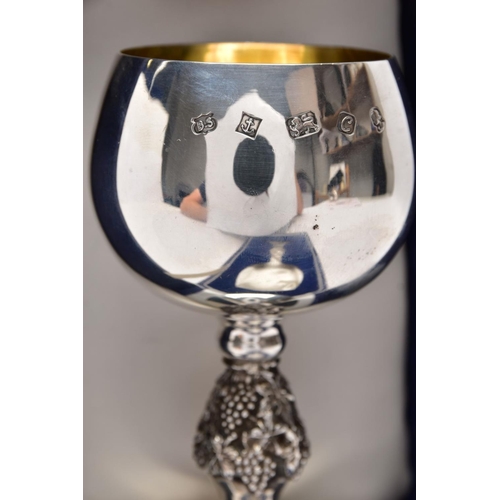 220 - A CASED SILVER GOBLET, detailed grape vine stem, gilt interior hallmarked 'Barrowclift Silvercraft' ... 