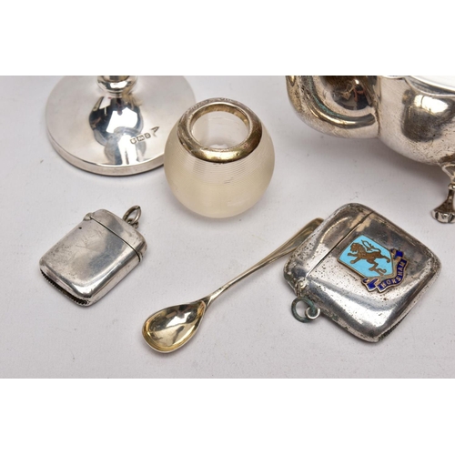 222 - A SELECTION OF SILVER AND WHITE METAL ITEMS, to include an early 20th century AF silver teapot, wavy... 