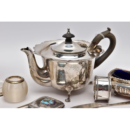 222 - A SELECTION OF SILVER AND WHITE METAL ITEMS, to include an early 20th century AF silver teapot, wavy... 