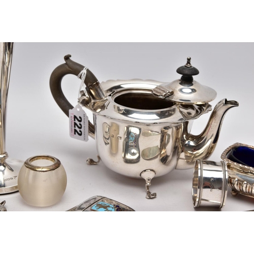 222 - A SELECTION OF SILVER AND WHITE METAL ITEMS, to include an early 20th century AF silver teapot, wavy... 