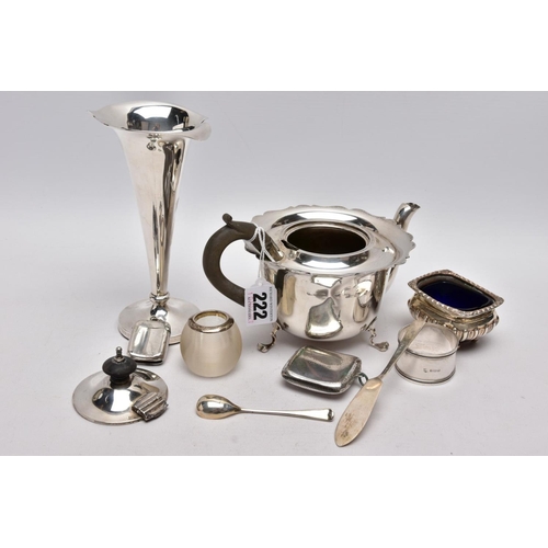 222 - A SELECTION OF SILVER AND WHITE METAL ITEMS, to include an early 20th century AF silver teapot, wavy... 