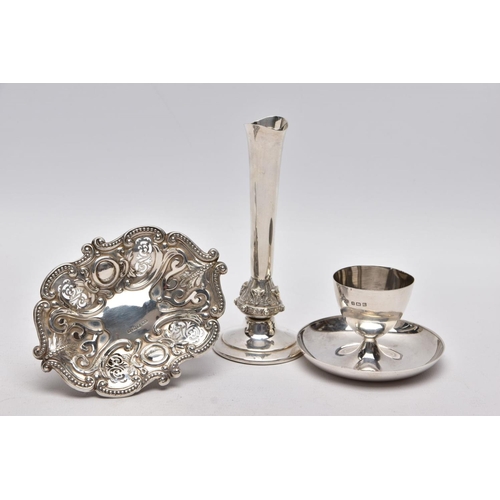 223 - A SILVER EGG CUP, BONBON DISH AND A POSY VASE, the egg cup of a plain polished design fitted on a ci... 