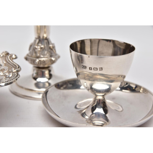 223 - A SILVER EGG CUP, BONBON DISH AND A POSY VASE, the egg cup of a plain polished design fitted on a ci... 