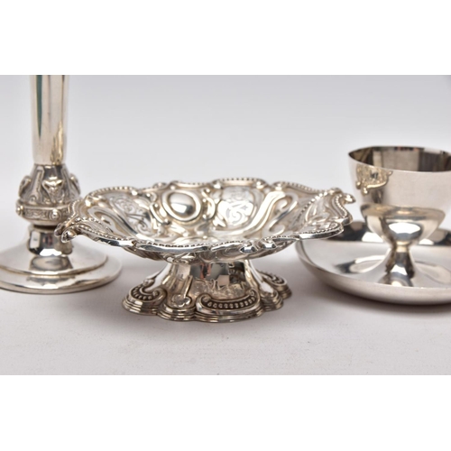 223 - A SILVER EGG CUP, BONBON DISH AND A POSY VASE, the egg cup of a plain polished design fitted on a ci... 