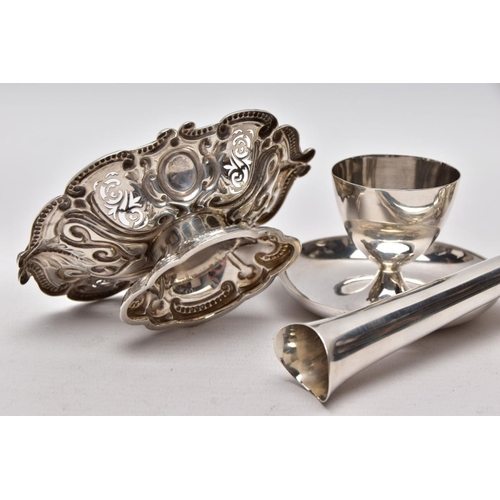 223 - A SILVER EGG CUP, BONBON DISH AND A POSY VASE, the egg cup of a plain polished design fitted on a ci... 