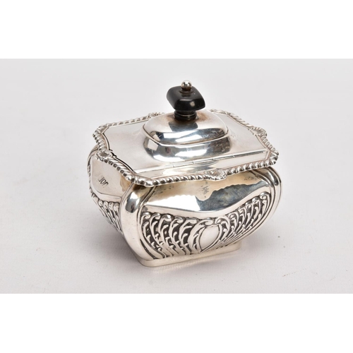 225 - AN EDWARDIAN SILVER TEA CADDY, bomb shaped sucrier with hinged cover, gadrooned and shell cast rim, ... 