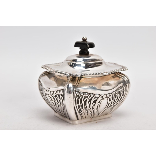 225 - AN EDWARDIAN SILVER TEA CADDY, bomb shaped sucrier with hinged cover, gadrooned and shell cast rim, ... 