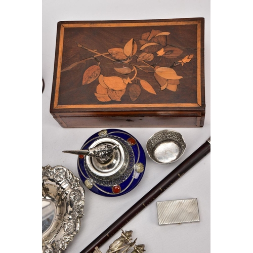 226 - A BOX OF SILVER PLATE, COLLECTABLES AND OTHER METALWARES, including a small Indian white metal embos... 