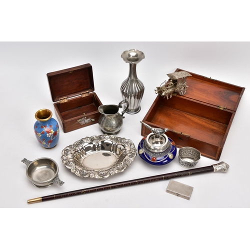 226 - A BOX OF SILVER PLATE, COLLECTABLES AND OTHER METALWARES, including a small Indian white metal embos... 